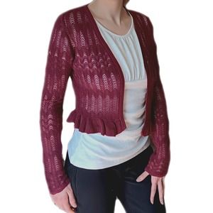 Women's Medium Red Lace Cropped Knit Cardigan